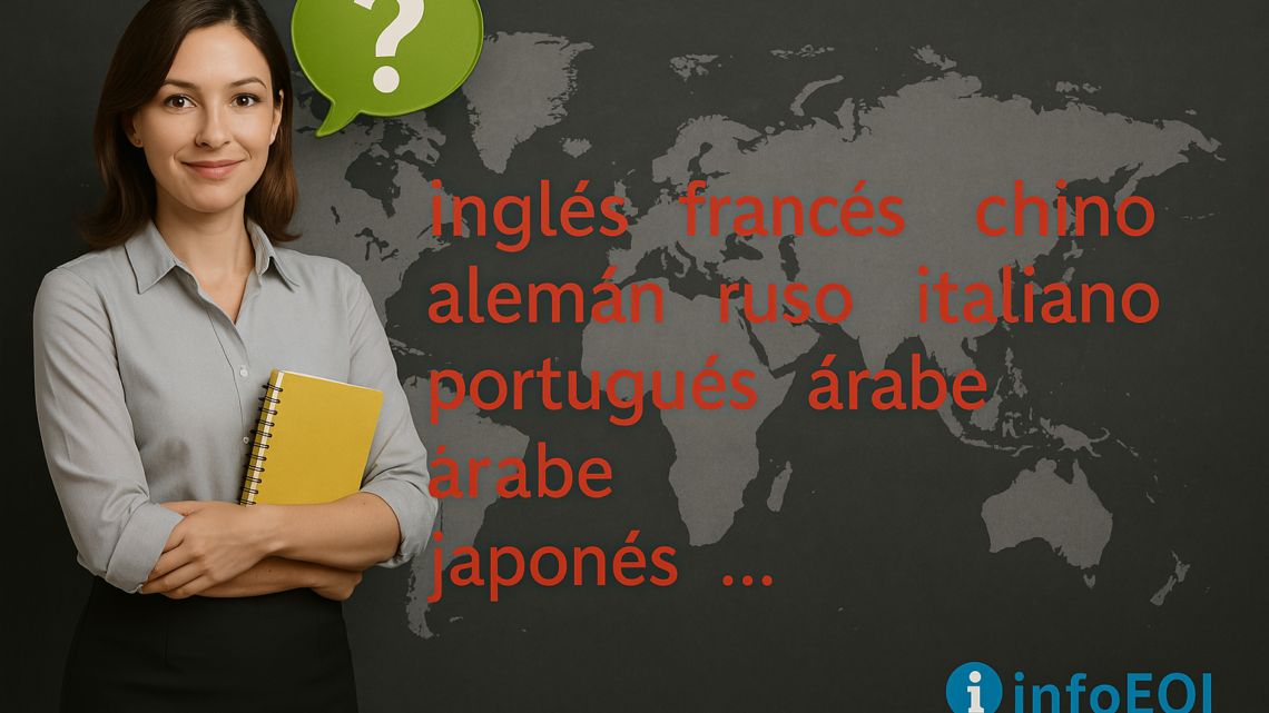 Mujer joven con camisa gris y carpeta amarilla posando frente a un mapa del mundo en una pared oscura. A su lado, aparecen los nombres de varios idiomas en letras rojas: inglés, francés, chino, alemán, ruso, italiano, portugués, árabe y japonés. En la esquina inferior derecha, el logotipo de infoEOI.