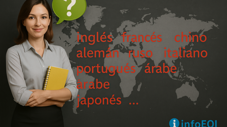 Mujer joven con camisa gris y carpeta amarilla posando frente a un mapa del mundo en una pared oscura. A su lado, aparecen los nombres de varios idiomas en letras rojas: inglés, francés, chino, alemán, ruso, italiano, portugués, árabe y japonés. En la esquina inferior derecha, el logotipo de infoEOI.